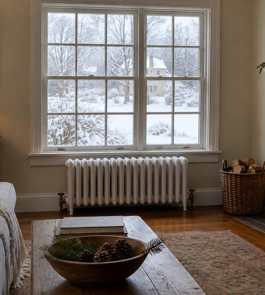 Cast-iron hot water radiator in a colonial living room in winter