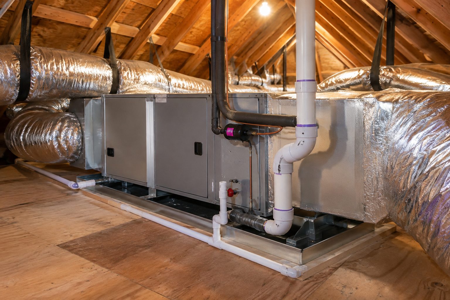 Central air conditioning air handler and insulated ductwork in an attic