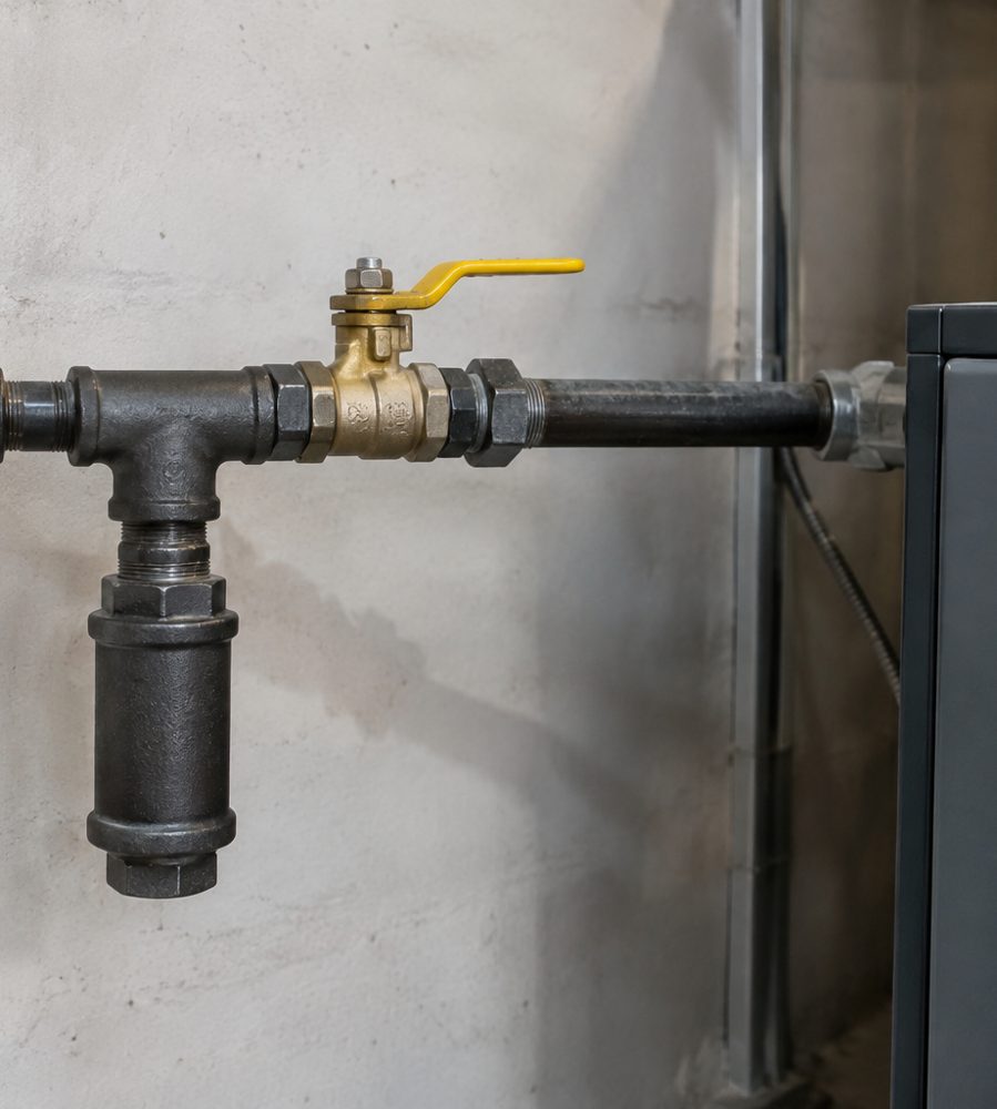 Black iron gas piping with shutoff valve and sediment trap