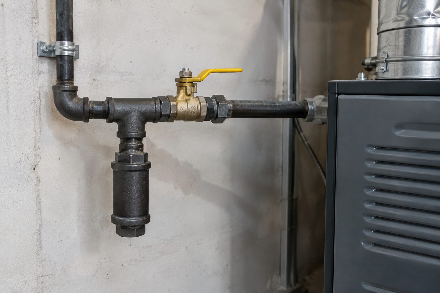 Black iron gas piping with shutoff valve and sediment trap