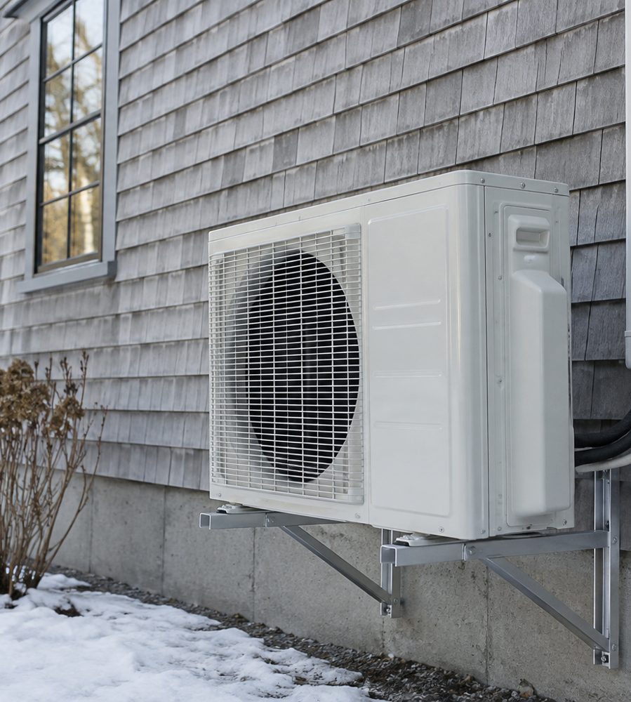 Cold-climate heat pump outdoor unit beside a shingled Massachusetts home in winter
