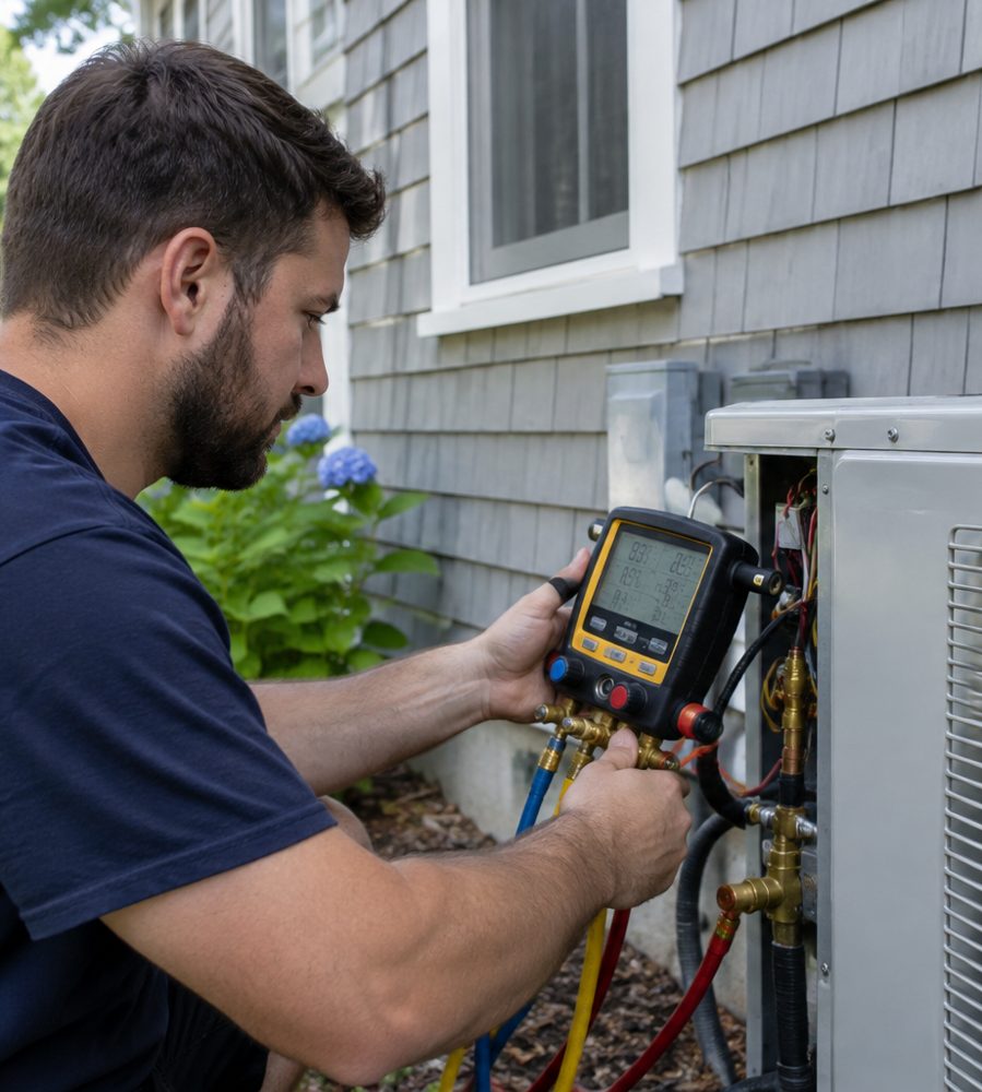 Technician checking refrigerant pressures during a heat pump tune-up