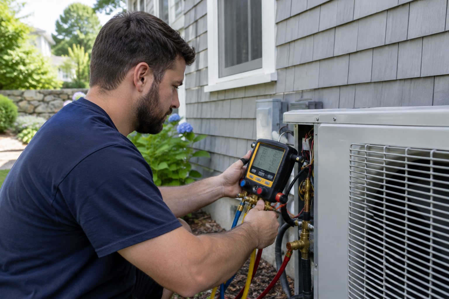 Technician checking refrigerant pressures during a heat pump tune-up