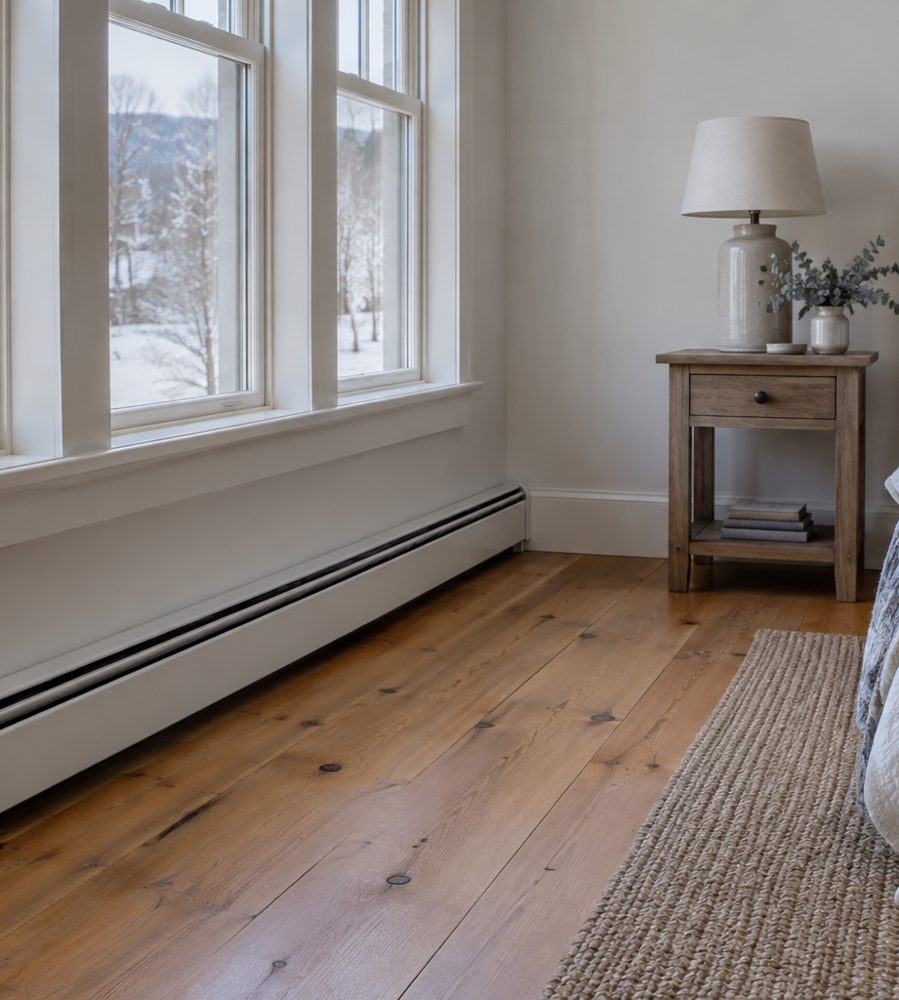 Hydronic baseboard heating in a New England bedroom