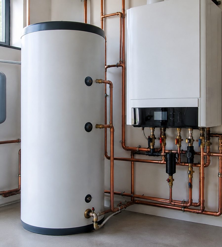 Indirect water heater connected to a boiler with copper piping