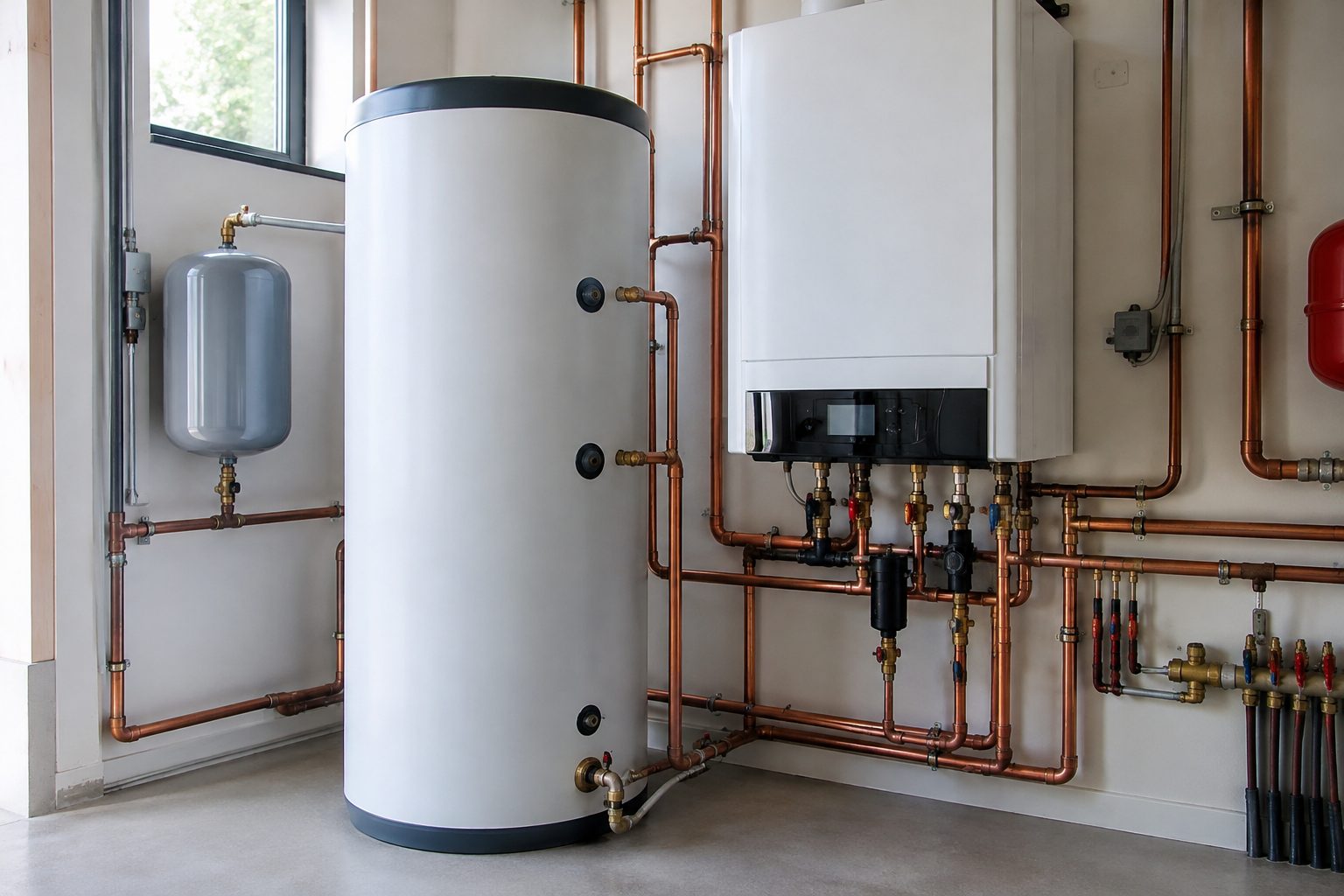 Indirect water heater connected to a boiler with copper piping