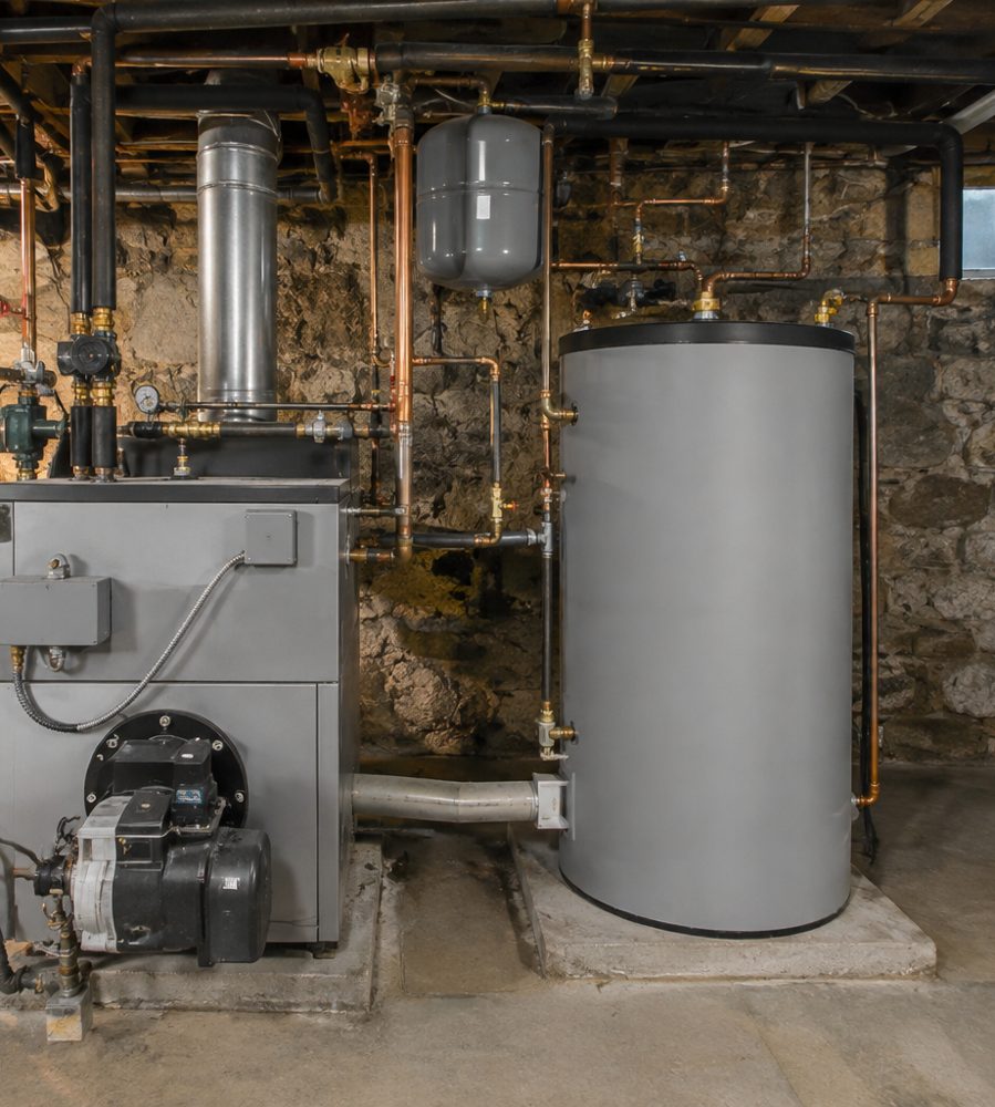 Oil-fired boiler and indirect hot water tank in a New England basement