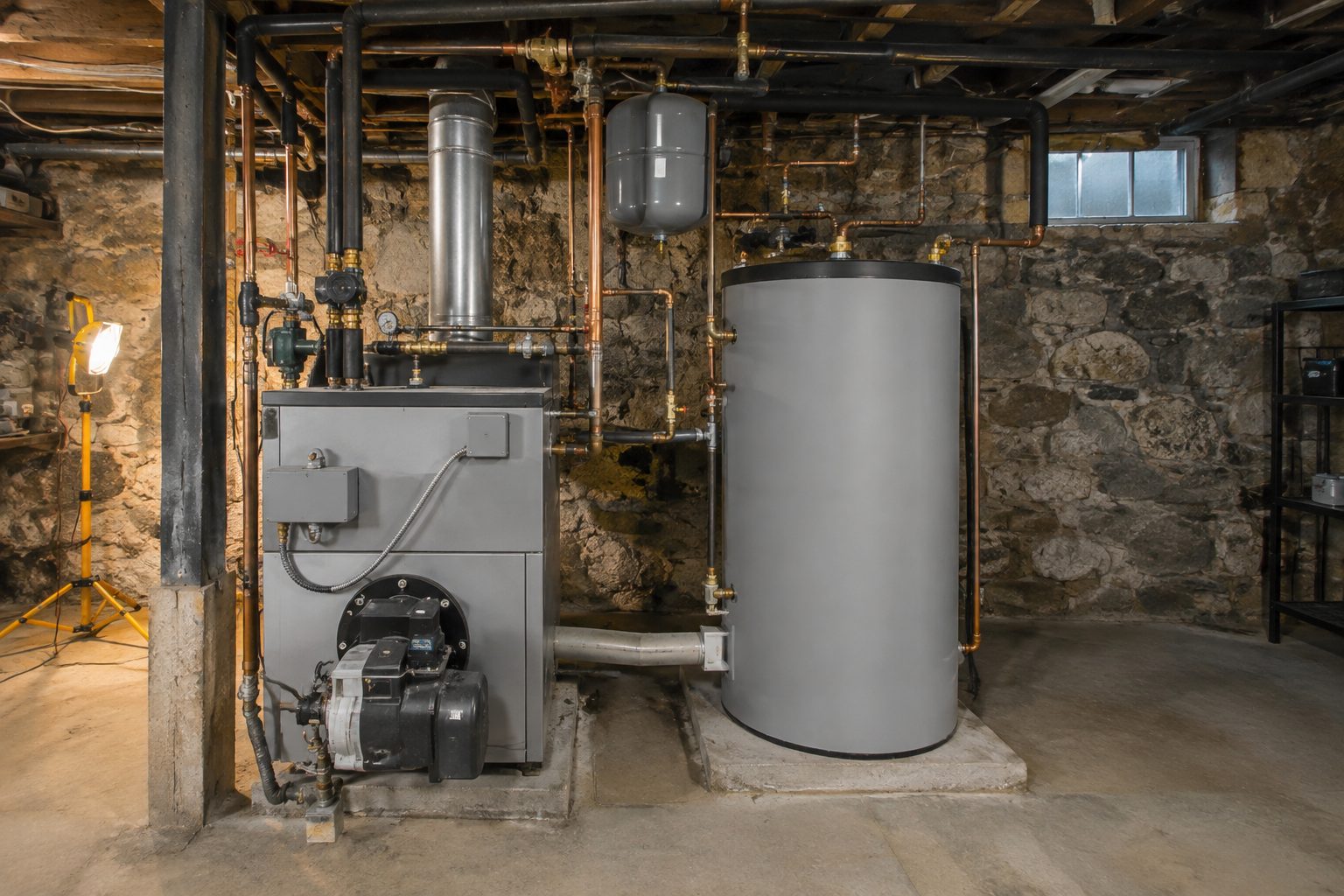 Oil-fired boiler and indirect hot water tank in a New England basement