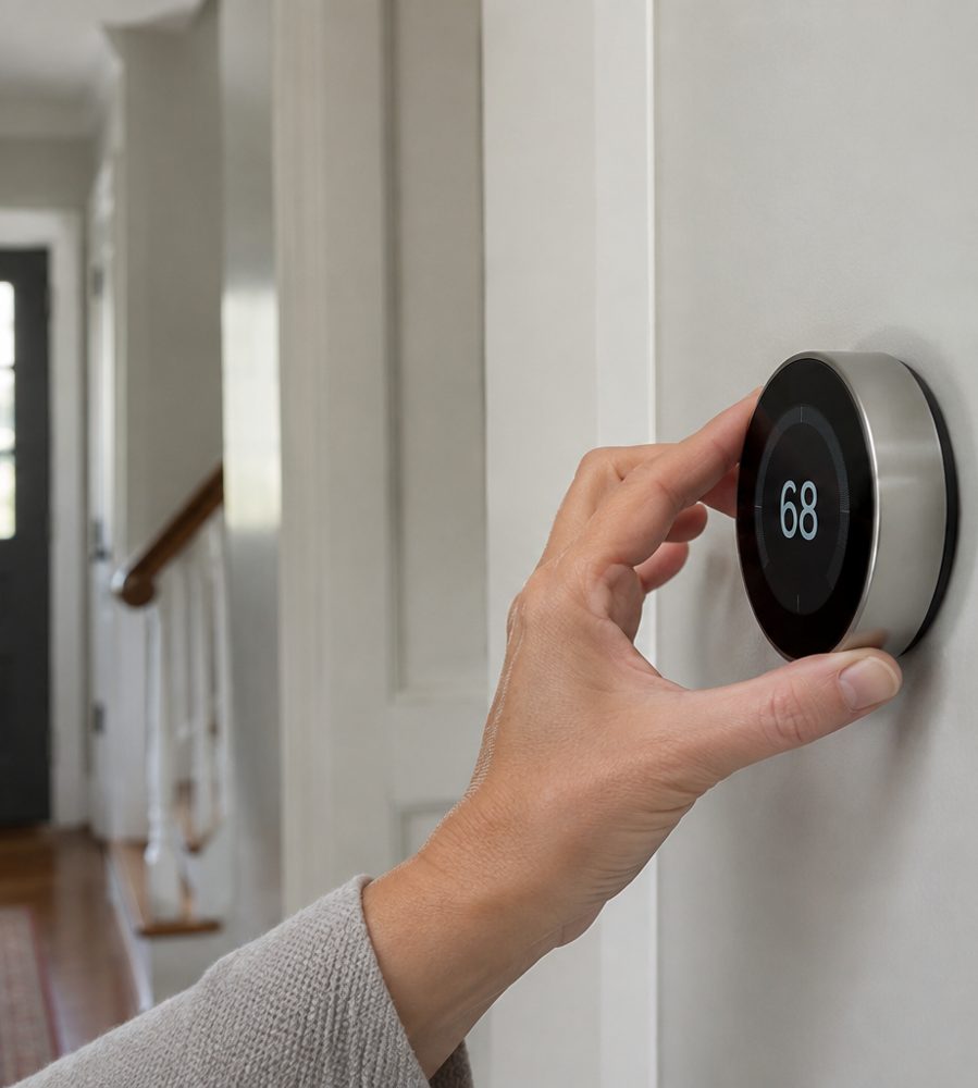 Homeowner adjusting a smart thermostat