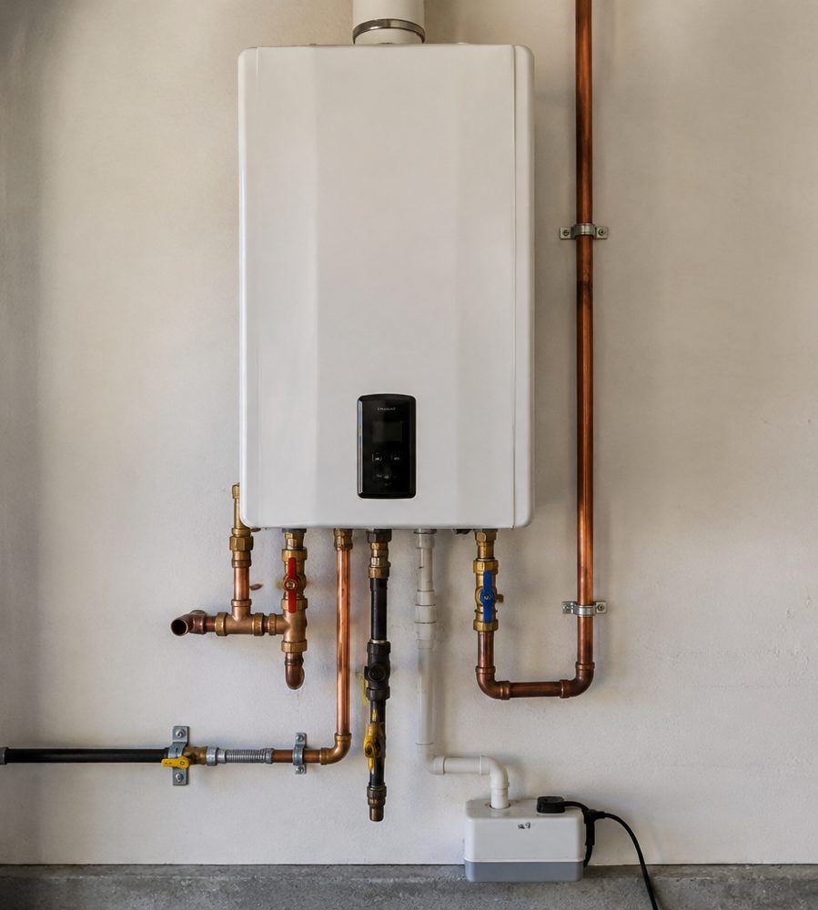 Wall-mounted tankless gas water heater installation