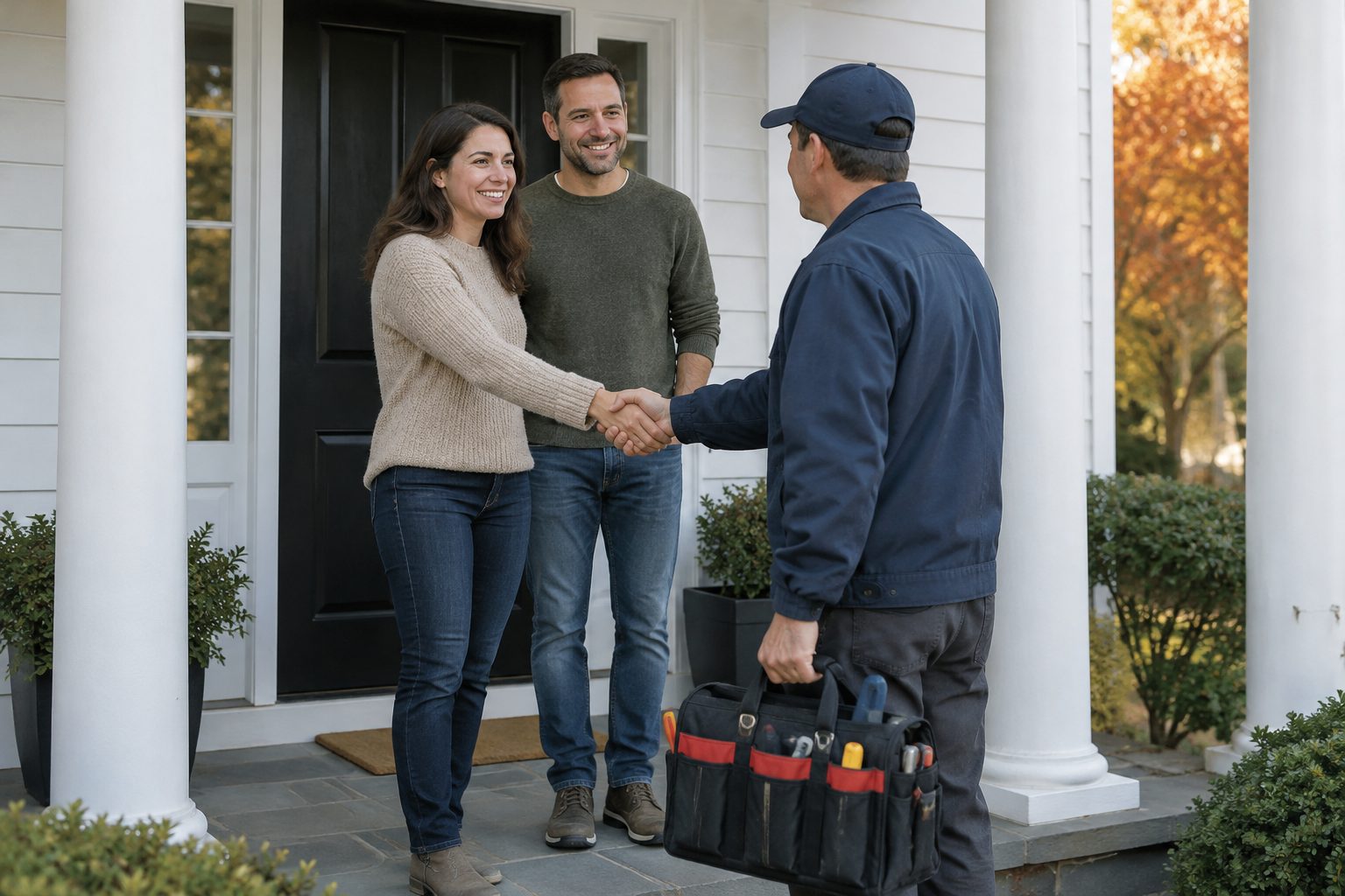 HVAC technician greeting homeowners at the front door of a North Shore home