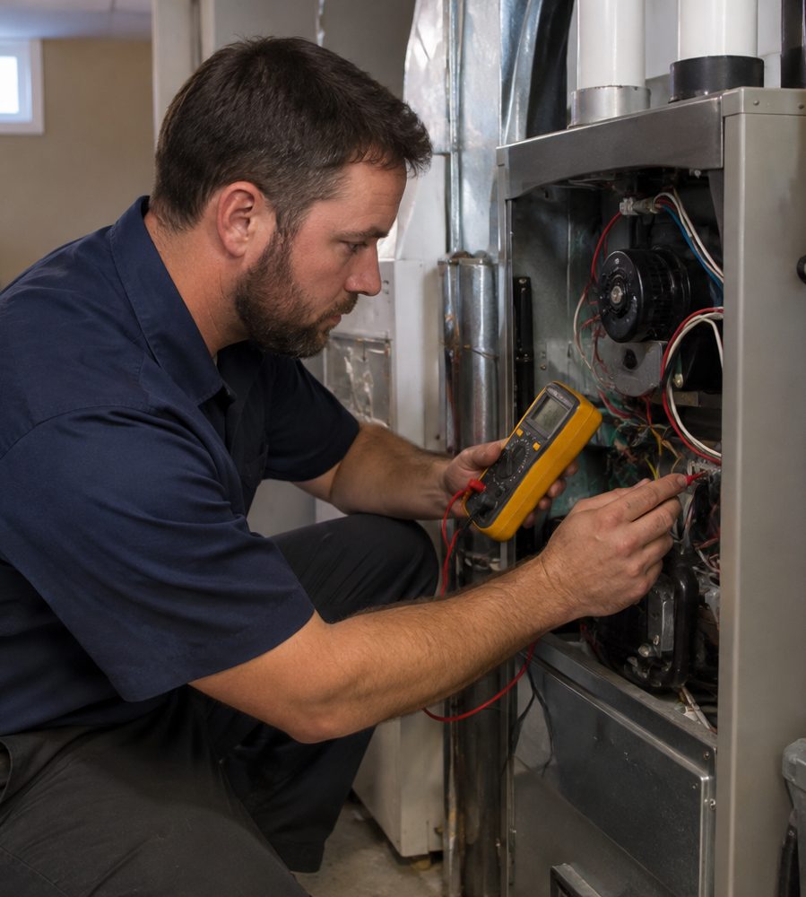 HVAC technician testing a gas furnace during a heating repair in Essex County, MA