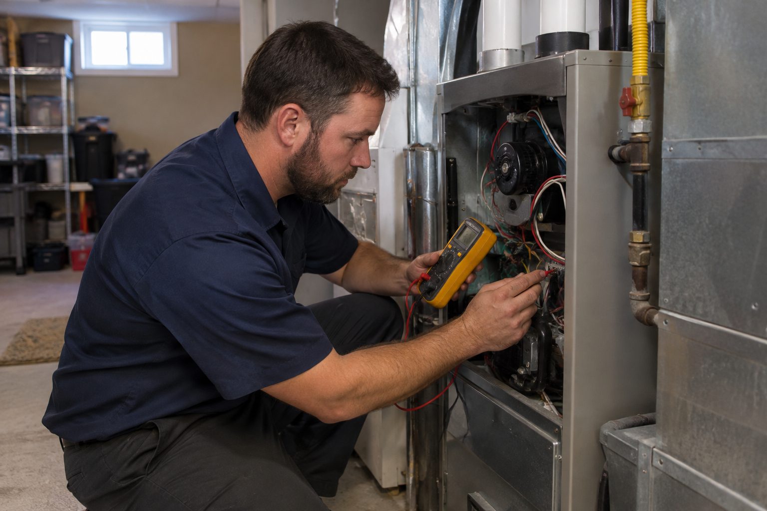 HVAC technician testing a gas furnace during a heating repair in Essex County, MA