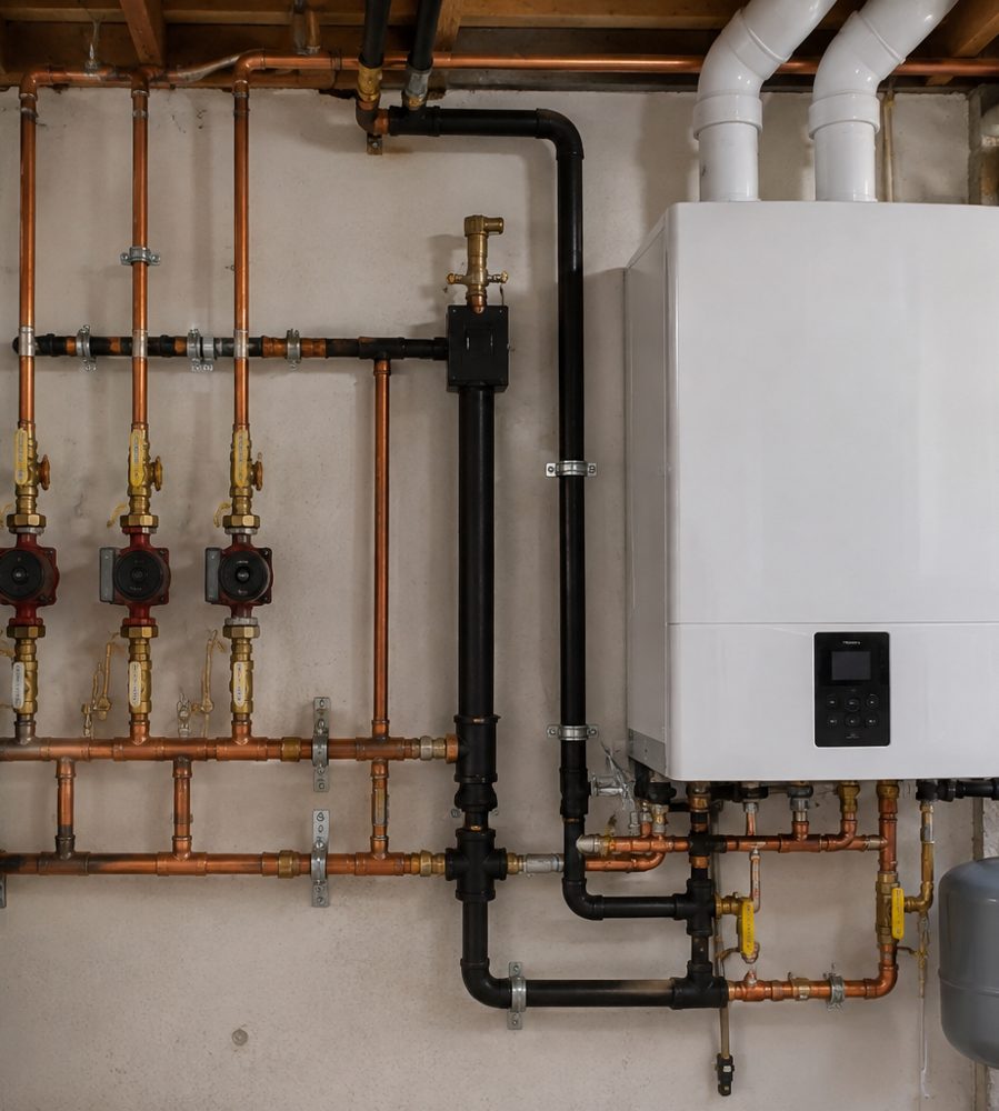 High-efficiency wall-hung gas boiler with near-boiler piping and zone circulators