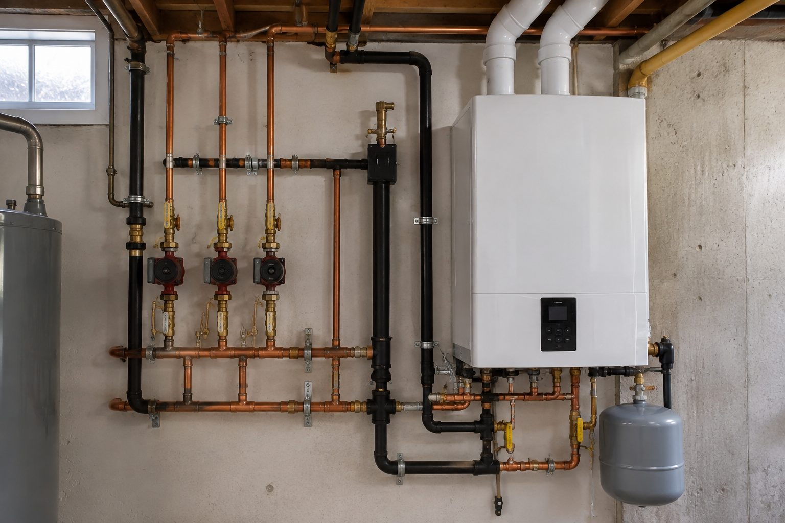 High-efficiency wall-hung gas boiler with near-boiler piping and zone circulators
